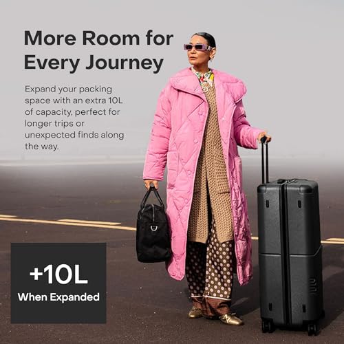July Checked Plus Expandable - 28.75" Airline Approved Check In Luggage with Wheels, Rolling Suitcase for Men & Women - TSA Lock, Silent Spinner Wheels, Expansion Zip, Y-Strap - Charcoal