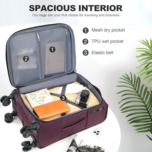 KROSER Softside Expandable Carry On Luggage with Front Business Pockets，20 Inch Suitcases with Spinner Wheels & Built-in TSA Lock, Durable Suitcase Rolling Luggage with USB Port, Burgundy