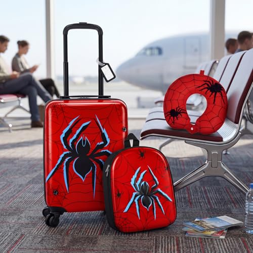 Sanwuta 4 Pcs Spider Luggage Sets 18 Inch Carry on Rolling Suitcase Backpack Neck Pillow Travel Set Gift for Kids Boys