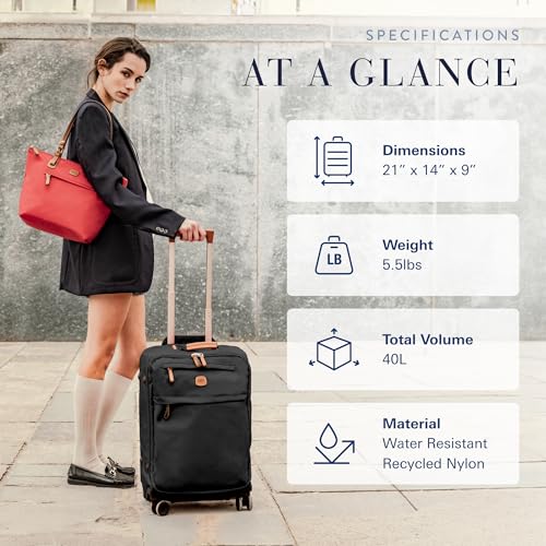 Bric's X-Travel 21” Carry-On Spinner – Airline Approved Luxury Softside Luggage with 360° Wheels, Recycled Water-Resistant Fabric, Interior Pockets, and Leather Details – Black