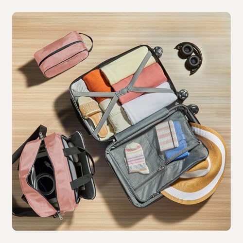 Amazon Basics 3-Piece Luggage Set, Including One 22" Expandable Hardside Suitcase With 8 Spinner Wheels, One 15-inch Tote Bag, and One 10-inch Compact Travel Bag, Rose Gold