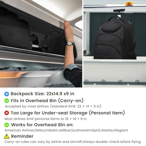 Boavan Rolling Backpack,17 inch Water Resistant Wheeled Backpack,Carry on Luggage Business Bag, Overnight College Computer Trolley Suitcase for Men Women Adults to Travel，Black