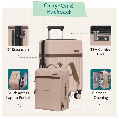 U.S. Traveler Vista Way 3-Piece Travel Set, 21-Inch Carry-on Hardside with TSA Lock, 18-Inch Travel Backpack with Laptop Sleeve, Toiletry Bag, Beige