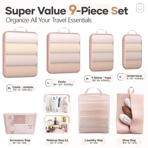 Veken 9/11 Set Compression Packing Cubes for Travel Essentials,Compressible Expandable Large Luggage Suitcase Organizer Bags for Clothing,Durable Space Saver Storage Bags with Toiletry Bags(Beige)
