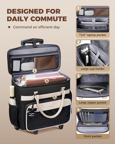 Ytonet Rolling Laptop Bag with Insulated Lunch Box, 15.6 In Rolling Briefcase for Women with Large Cup Holder, Detachable Trolley Roller Underseat Bags for Work, Office, Teacher, Travel, Black Beige
