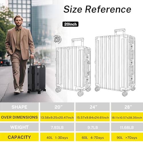 Krute Zipperless Luggage Set 2 Pieces Aluminum Frame Suitcase Sets Polycarbonate Hard Shell Luggage TSA Lock Checked Suitcase with Spinner Wheels Black