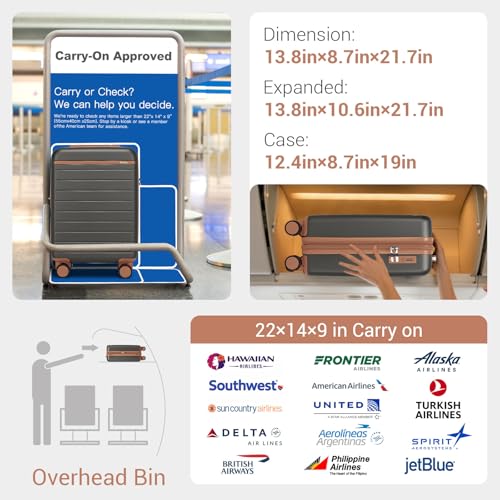 Kono Expandable 20 Inch Carry On Suitcase Airline Approved, Lightweight ABS+PC Hardshell Luggage with 360° Silent Spinner Wheels, Grey/Brown