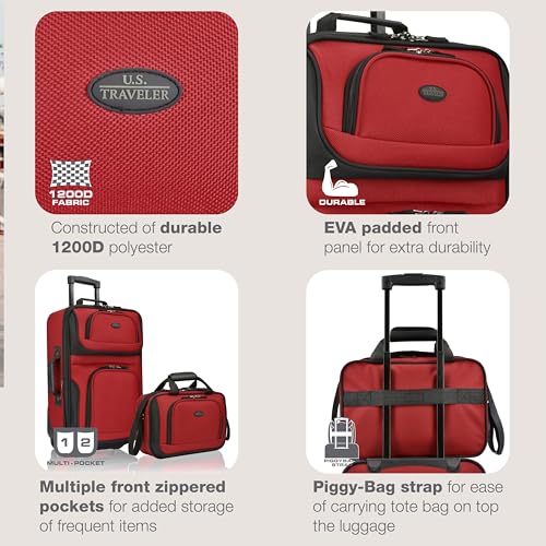U.S. Traveler Rio Lightweight Softside Rolling Carry-on Suitcase, 2-Wheel Set, Red