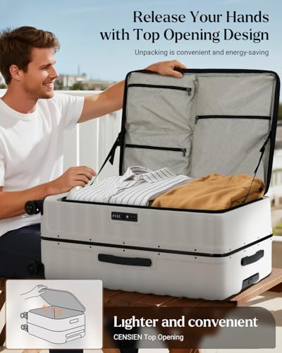 CENSIEN Luggage Sets 2 Pieces, 20/28 Inch PC Hardshell Suitcase with Spinner Wheels, 20 Inch Expandable Clamshell Carry On Luggage and 28 Inch Aluminum Frame Top Opening Checked Luggage (White)