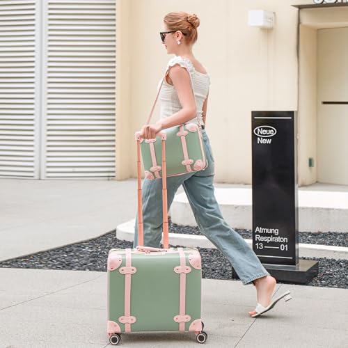 Miss.Box Vintage Carry On Luggage Set with Wheels for Women, Retro Trunk Style PU Leather Suitcase with Matching Vanity Case, 14” & 18” Set
