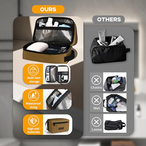 Wrangler Toiletry Bag for Men, Travel Shaving Dopp Kit, Oxford Fabric Tech Kit Bathroom Organizer, Gifts for Men, Brown