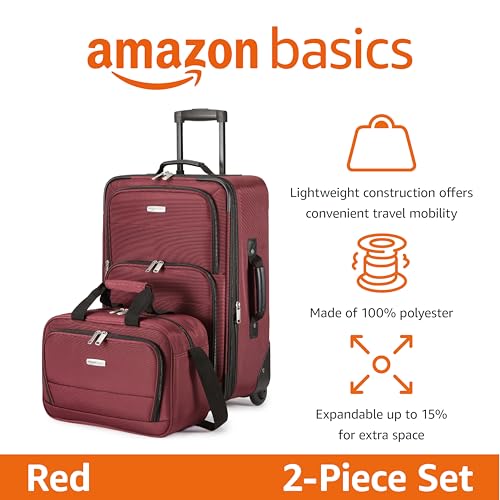 Amazon Basics 2-Piece Softside Luggage Set, 23-Inch Expandable Suitcase with Wheels and 15-Inch Tote, Front Pockets, Telescopic Handle, Burgundy