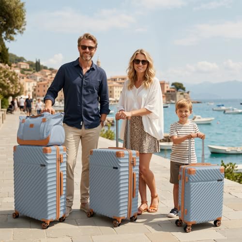Cosbarn Luggage Sets 5 Piece with TSA Lock Spinner Wheels, Unisex Hard Case ABS Suitcase Set, Hardshell Lightweight Waterproof Travel Hardside Suitcases with Wheels for Women Men, Sky Blue