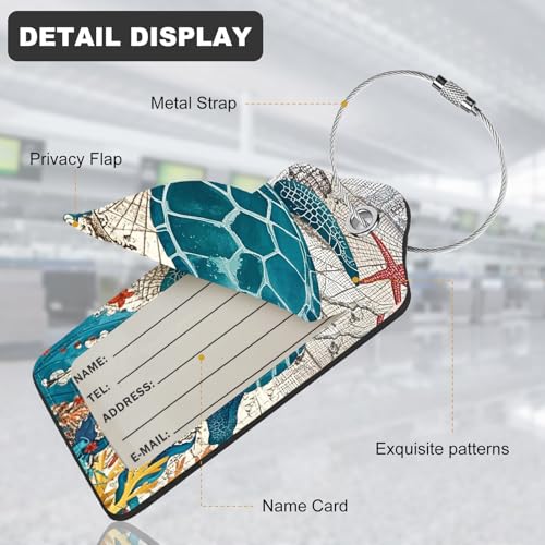 2Pack Luggage Tags for Suitcases, Cute Unique Pu Leather Cruise Luggage Tag with Privacy Cover ID Label Address Card and Metal Ring Suitable for Women Men Kids Travel Bag Retro Map Turtle