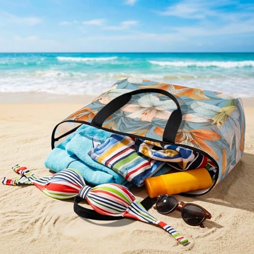 Lily Flower Mesh Beach Bag, White Orange Blooms Floral Watercolor Blue Large Tote Bag for Swim Pool Beach Travel