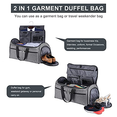 Carry on Garment Bag for Travel Business Trips, Bukere Convertible Travel Duffel Bag with Shoe Compartment, Detachable Shoulder Strap, 2 in 1 Weekender Suit Bag for Men Women
