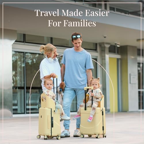RAINRO & CO Butter Beige 20" Ride-On Suitcase for Kids (Ages 3–5), Carry-On Luggage with Seat, Spinner Wheels, TSA Lock & Lightweight Durable Hardshell