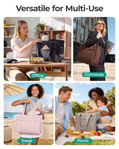 BAGSMART Tote Bag for Women Puffer 15.6 Inch Laptop Work Bag Large Purse Shoulder Handbag Crush Bow Tote with Insulated Lunch Bag for Travel Office Gym, Camel