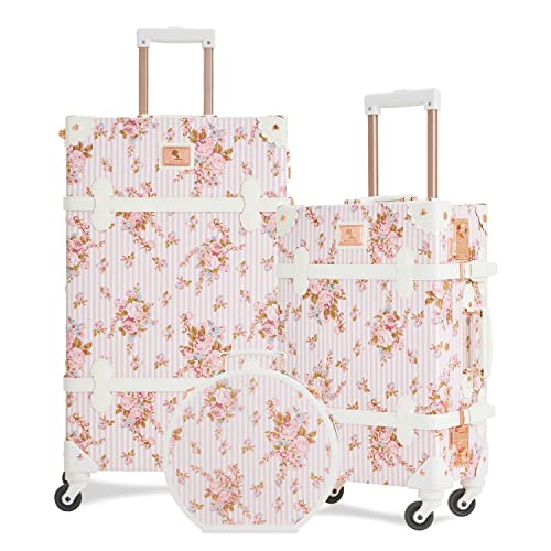 7998 3 Piece Vintage Suitcase Set Women Cute Carry on Luggage with Hat Box Cosmetic Case (pink floral, 26"+20"+12")