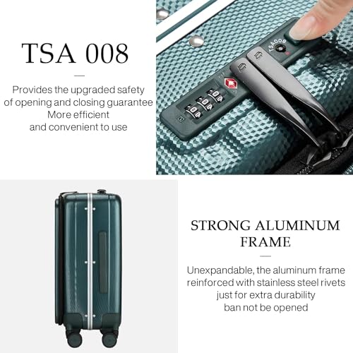 Hanke 20 Inch Carry On Luggage Aluminum Frame Front Opening Rolling Suitcase PC Hard Sided Luggage with Spinner Wheels Travel Luggage for Woman Men Gifts.(Dark Green)