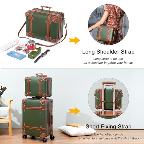 NZBZ Vintage Luggage Sets for Women, PU Leather Retro Suitcase, Vintage Trunk Luggage, Vintage Suitcase Set (Dark Green, 4-Piece-Set(14/20/24/28))