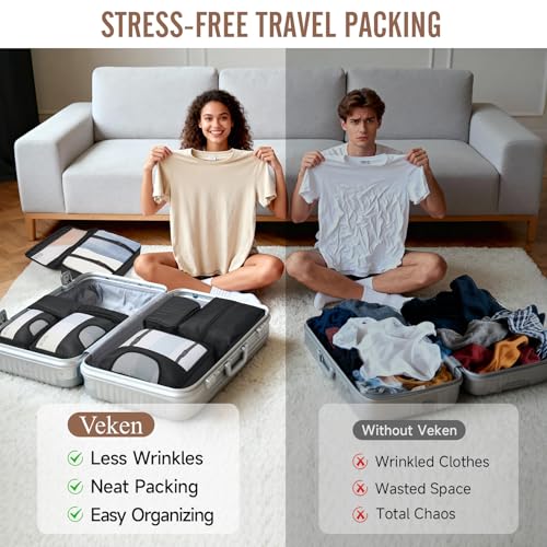 Veken 10 Set/8 Set Packing Cubes for Travel Essentials,Anti-Wrinkle Buckled Suitcase Organizer for Shoe & Toiletry Bag,Carry On Luggage Bag for Airplane & College Dorm Room Accessories,Women Men Gifts
