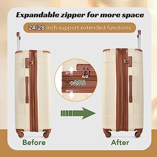 Merax 28 Inch Checked-Large Luggage with Wheels Aluminum Alloy Corner Hard Shell Suitcase TSA Luggage Suitcases for Travel Woman Men(White Brown)