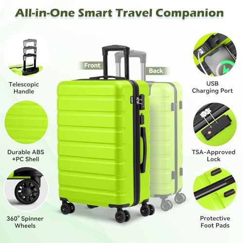 AnyZip Suitcase Hardside PC ABS Lightweight USB Luggage with Wheels TSA Lock Checked-Large 28 Inch AppleGreen