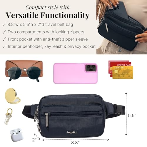 Baggallini Securtex Anti-theft Belt Bag 8.8"x5.5" Crossbody Fanny Pack for Women RFID Wallet Locking Zipper Travel Purse