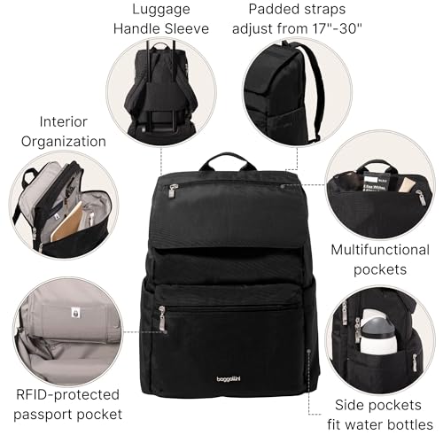 Baggallini Flap Laptop Backpack - 15"x11" Lightweight Work Travel Bag w/Luggage Sleeve & RFID