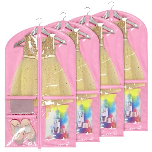 Univivi Dance Costume Bags Garment Bag 40 Inch Hanging Clothes for Dance Competitions, with 3 Medium Clear Zipper Pockets for Dance Costumes, Closet Storage (Pink) - 4 Pack
