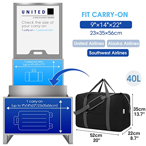 Narwey Carry on Luggage 22x14x9 Airline Approved Foldable Duffle Bag for Travel Packable Duffel Bag for Traveling Airplane for Women and Men 40L (Black (With Shoulder Strap))