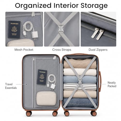 YOETEY Luggage Sets 5 Piece, Hardside Suitcase with Wheels, TSA Approved, White Brown