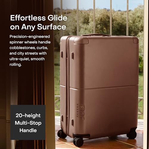 July Checked Plus Expandable - 28.75" Airline Approved Check In Luggage with Wheels, Rolling Suitcase for Men & Women - TSA Lock, Silent Spinner Wheels, Expansion Zip, Y-Strap - Dark Brown