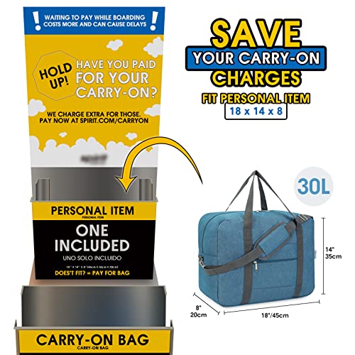 For Spirit Airlines Personal Item Bag 18x14x8 Foldable Travel Duffel Bag Tote Foldie Duffle Carry on Luggage for Women and Men 30L (Navy Blue (With Shoulder Strap))