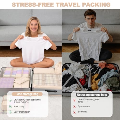 8 Set Packing Cubes for Travel,Suitcase Organizer Bags for Luggage with Shoe & Hanging Toiletry Bag, Vacation Essentials & Accessories for Cruise Ship, Airplane Must-Have,Road Trip & Camp Gifts(Cream)
