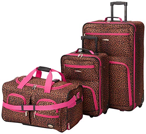 Rockland Vara Softside 3 Piece Upright Luggage Set, Expandable, (20"/28"/22" Rolling Duffel), Pink Leopard