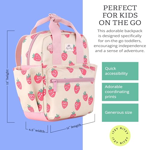 Itzy Ritzy Toddler Backpack - Daycare Bag - Features Adjustable Shoulder Straps, 2 Side Pockets & Spacious Interior with Wipeable Fabric Lining & Name Label, Strawberry Backpack