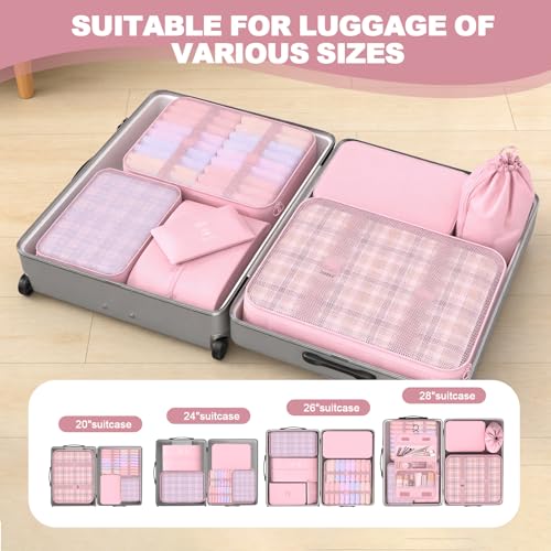 8 Set Packing Cubes for Travel,Suitcase Organizer Bags for Luggage with Shoe & Hanging Toiletry Bag, Vacation Essentials & Accessories for Cruise Ship, Airplane Must-Have,Road Trip & Camp Gifts(Pink)