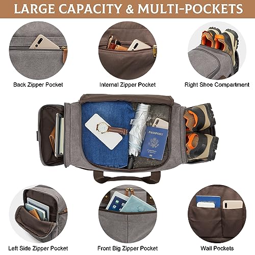 S-ZONE 65L Expandable Canvas Duffle Bag Travel Overnight Holdall Weekend Bag with Shoes Compartment Large Carry On Bag Tote Gym Bag for Men Women, Light Gray, X-Large, Travel Duffle