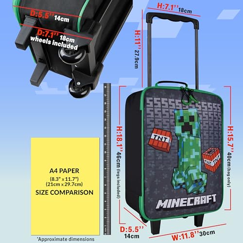 Minecraft Kids Luggage with Wheels Foldable Rolling Suitcase Creeper Travel Bag Vacation Weekend Trips Travel Essentials (L18.1inch x W11.8inch - 15L, Black)