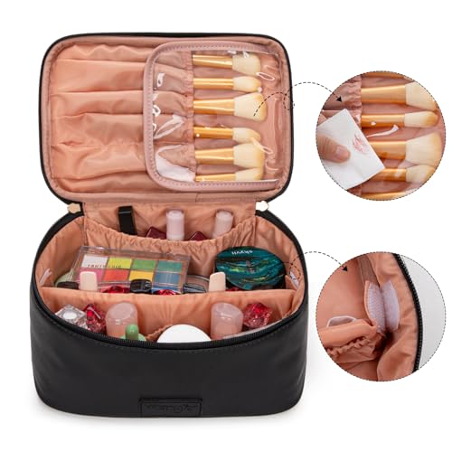Montana West X Wrangler Travel Makeup Bag 2pcs Set Large Cosmetic Bag with Makeup Brush Holder Portable Make Up Organizer Cute Toiletry Bag with Divider and Handle for Women Black