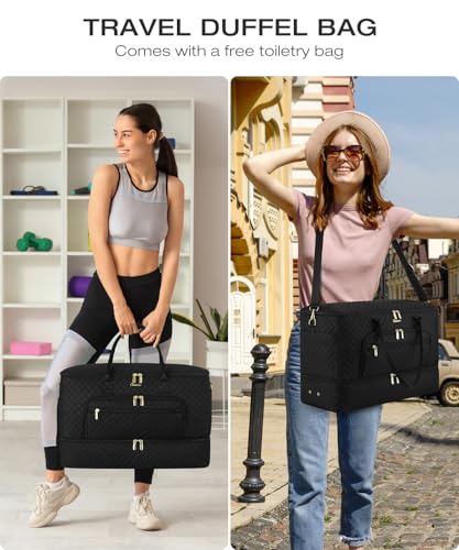 CLOKARS Travel Duffle Bag, Wide Open Large Weekender Bag for Women with Shoe Compartment, Carry on Overnight Bags with Toiletry Bag, Hospital Bag for Women Labor Delivery with Wet Pocket (Black)