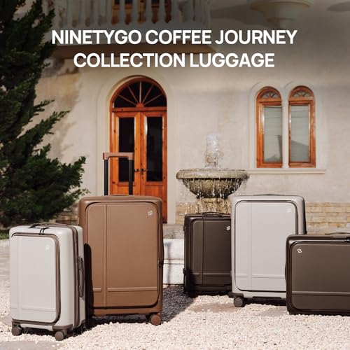 NINETYGO Medium Checked Luggage 25 Inch, Flat Top Opening Check In Luggage with Cup Holder, Expandable, Coffee-Infused PC Hard Shell, Eco-Friendly, TSA Lock, 360° Spinner Wheels (Americano)