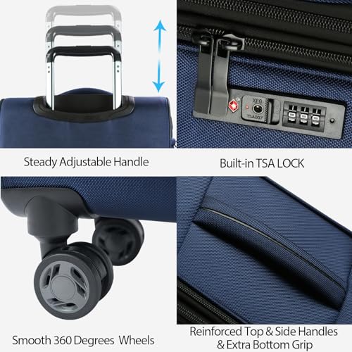 KROSER Softside Expandable Carry On Luggage with Front Business Pockets，20 Inch Suitcases with Spinner Wheels & Built-in TSA Lock, Durable Suitcase Rolling Luggage with USB Port, Navy