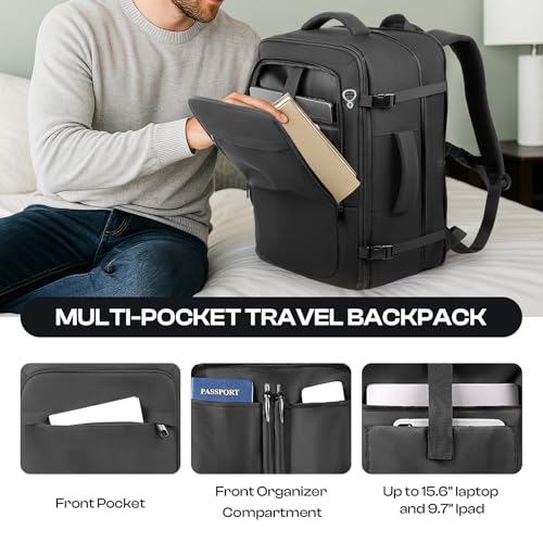 Sirmaeed Carry on Backpack for 1-10 Days Trips, Extra Large 40L-50L Travel Backpack TSA Approved, Expandable Laptop Bagpack, Water Resistant Bag Compatible with 17.3 inch Laptops, Black