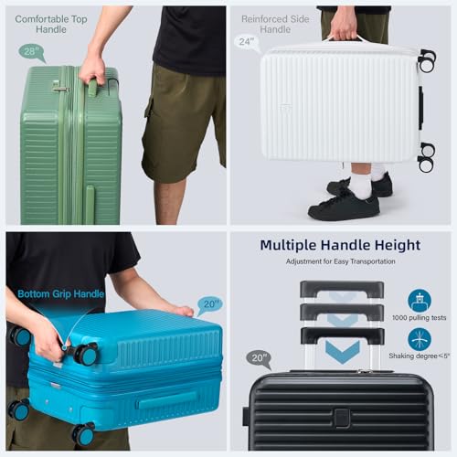 HanTrip Hard Shell Suitcases Expandable Travel Luggage Sets 3 Piece, Carry on and Check in 3 Piece Luggage Suitcase Sets with Spinner Wheels Cup Holder Charger Built in (White, 20/24/28)