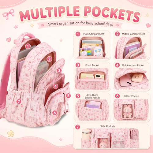 BTOOP Multi-Compartment Kids Backpack for Girls, Cute Pink Bow School Backpack with Chest Strap, Side Pocket Fits 40 oz Tumbler, Luggage Strap, Girls Bookbag for Elementary Middle School