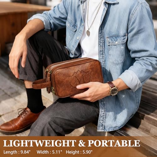 Personalized Toiletry Bag for Men,Engraved Mens Toiletry Travel Bag,Waterproof PU leather Toiletry Shaving Bag for Men Birthday Gift Ideas for Men Dad Husband Him,Anniversary Groomsmen Gifts Brown- M