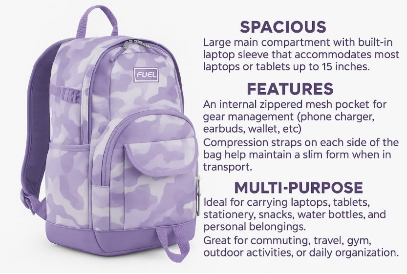 Eastsport Multi-Purpose Millennial Tech Carry On Luggage Weekender Casual Daypack Backpack Bag, Purple Camo